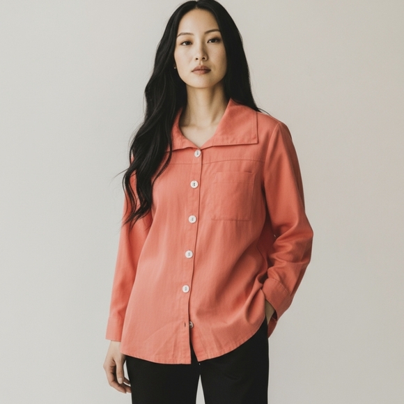 Soft Surroundings Tencel Tunic Casual Orange Long Sleeve Shell Button Up Sz M - Picture 1 of 10